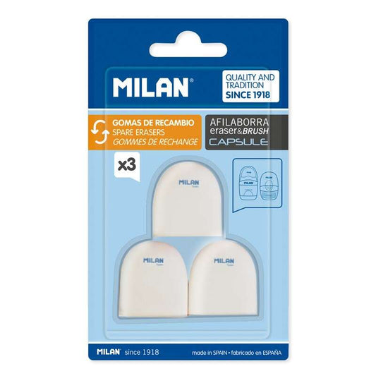 Milan Pack de 3 Gomas de Borrar de Recambio para Afilaborras CAPSULE - Miga de Pan - Suave - Caucho Sintetico - Color Blanco 1 pieza(s)