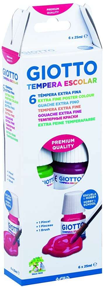 Giotto Tempera Pack de 6 Botes de 25 ml. + Pincel - Base Agua - Excelente Cobertura - Colores Surtidos 1 pieza(s)