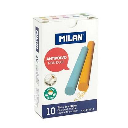 Milan - CAJA 10 TIZAS DE CARBONATO DE CALCIO DE COLORES REDONDAS -ANTIPOLVO MILAN 245210