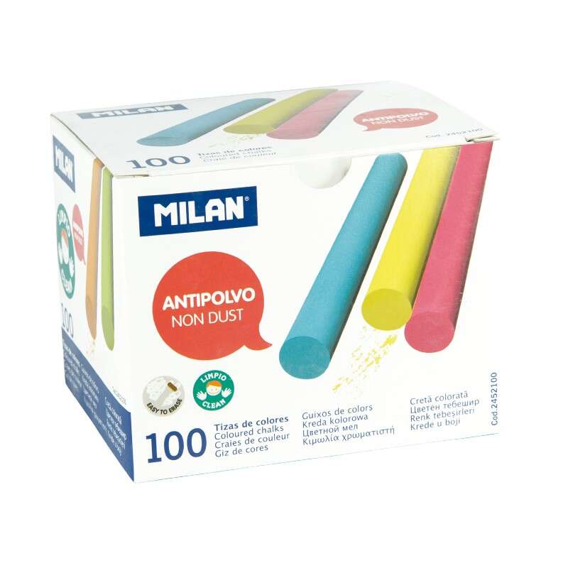 Milan - CAJA 100 TIZAS DE CARBONATO DE CALCIO DE COLORES REDONDAS -ANTIPOLVO MILAN 2452100