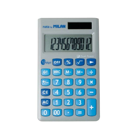 Milan Calculadora de Sobremesa 12 Digitos - 3 Teclas de Memoria y Raiz Cuadrada - Apagado Automatico - Funda Protectora - Color Gris y Azul 1 pieza(s)