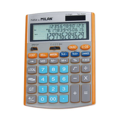 Milan Calculadora de 12 Digitos - Pantalla de 3 Lineas - 3 Teclas de Memoria - Calculo de Margenes - Funcion Impuestos, Tiempo y Conversor de Moneda - Color Gris y Naranja 1 pieza(s)