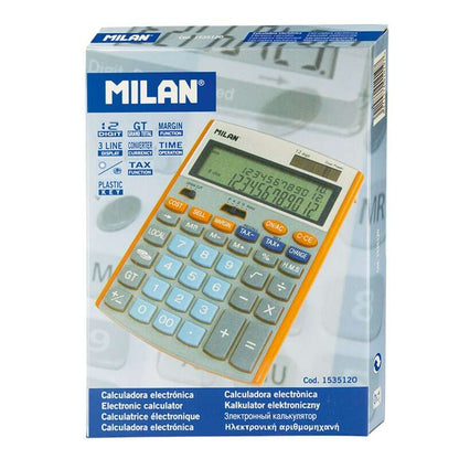 Milan Calculadora de 12 Digitos - Pantalla de 3 Lineas - 3 Teclas de Memoria - Calculo de Margenes - Funcion Impuestos, Tiempo y Conversor de Moneda - Color Gris y Naranja 1 pieza(s)