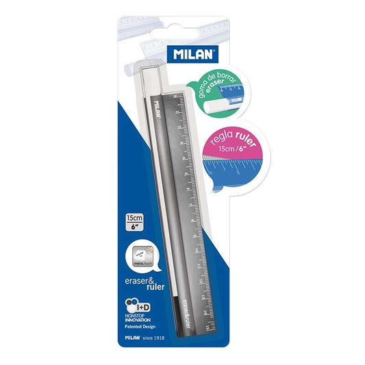 Milan Eraser & Ruler Regla + Goma en el Interior de la Regla - Longitud 15cm - Metal Touch 1 pieza(s)