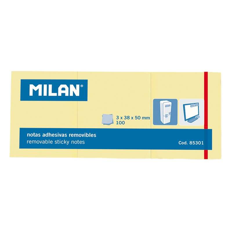 Milan Pack de 3 Blocs de 100 Notas Adhesivas - Removibles - 38mm x 50mm - Color Amarillo Claro 1 pieza(s)