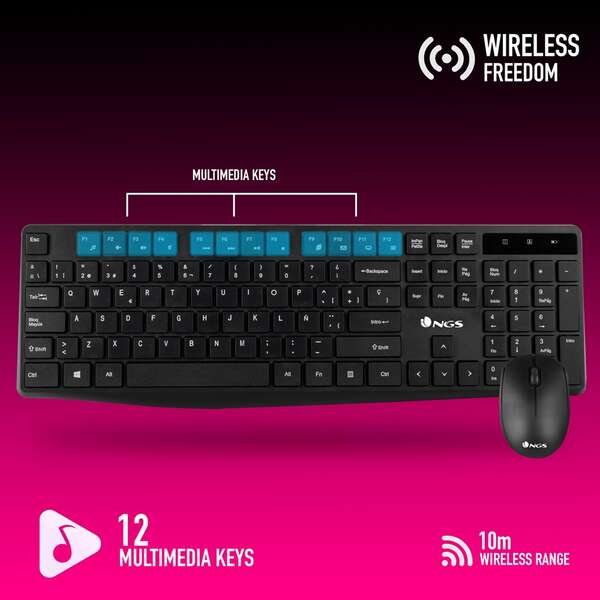 NGS Allure Pack Inalambrico USB Teclado Multimedia + Raton 1200dpi 3 Botones - Uso Ambidiestro - Color Negro 1 pieza(s)