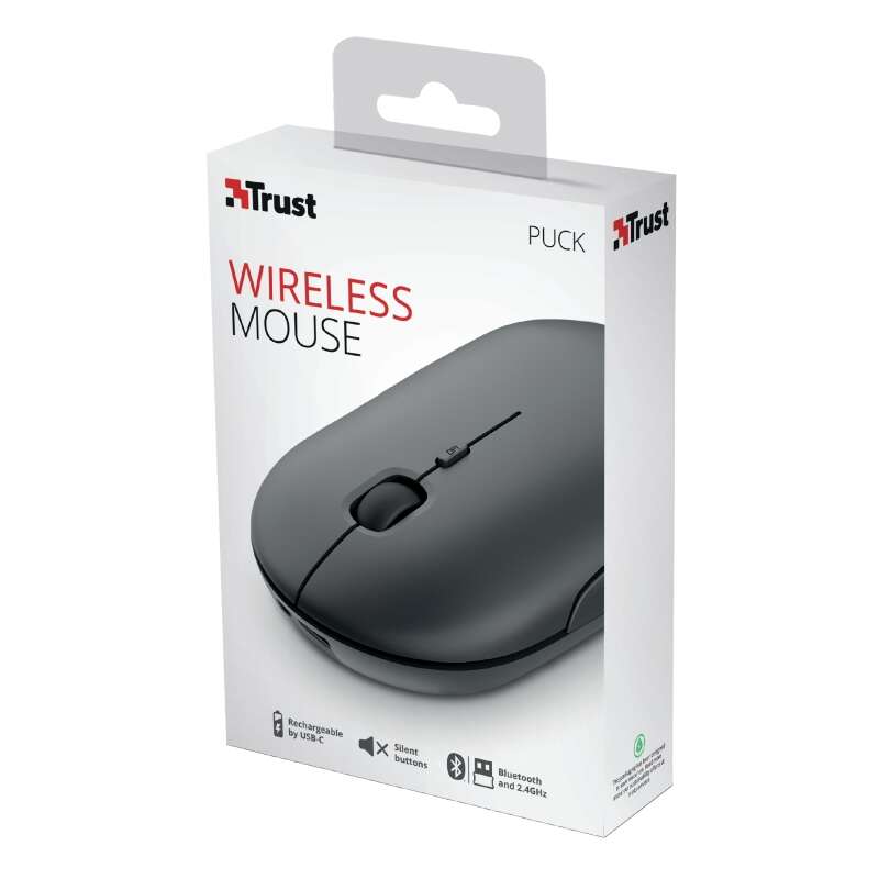 Trust - Puck ratón Oficina Ambidextro RF Wireless + Bluetooth Óptico 1600 DPI