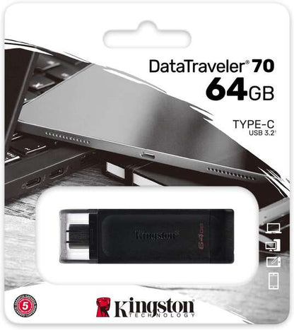 Kingston Technology - DataTraveler 70 unidad flash USB 64 GB USB Tipo C 3.2 Gen 1 (3.1 Gen 1) Negro