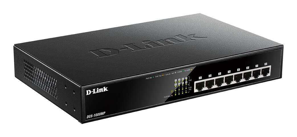 D-Link - DGS-1008MP switch No administrado Gigabit Ethernet (10/100/1000) Energía sobre Ethernet (PoE) 1U Negro