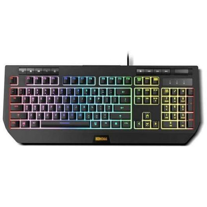 Krom Kuma Teclado Gaming USB Semi Mecanico - Iluminacion RGB con Efectos - 9 Teclas Multimedia - Rueda de Volumen - Soporte para Movil - Cable de 1.50m - Color Negro 1 pieza(s)