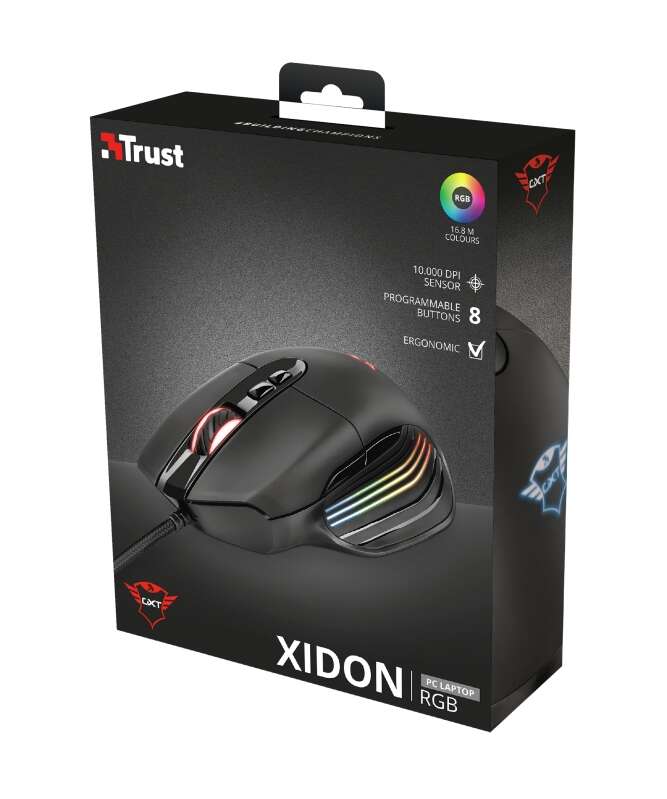 Trust Gaming GXT 940 Xidon Raton USB 10000dpi - 5 Botones Programables - Iluminacion RGB - Cable Trenzado de 1.80m - Uso Diestro - Color Negro 1 pieza(s)