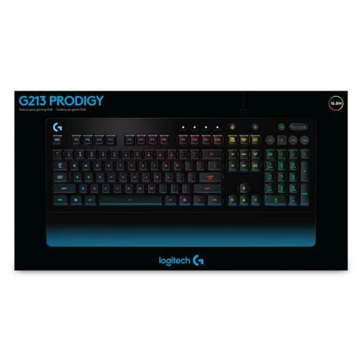 Logitech G213 Prodigy Teclado Gaming USB - Retroiluminacion RGB - Resistente a Salpicaduras - Reposamuñecas - Cable de 1.80m - Color Negro 1 pieza(s)