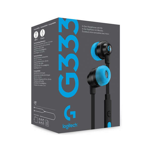 Logitech G333 Auriculares Gaming con Microfono - Adaptador USB-C - Multiplataforma - Altavoces Dinamicos - Jack 3.5mm - Color Negro/Azul 1 pieza(s)