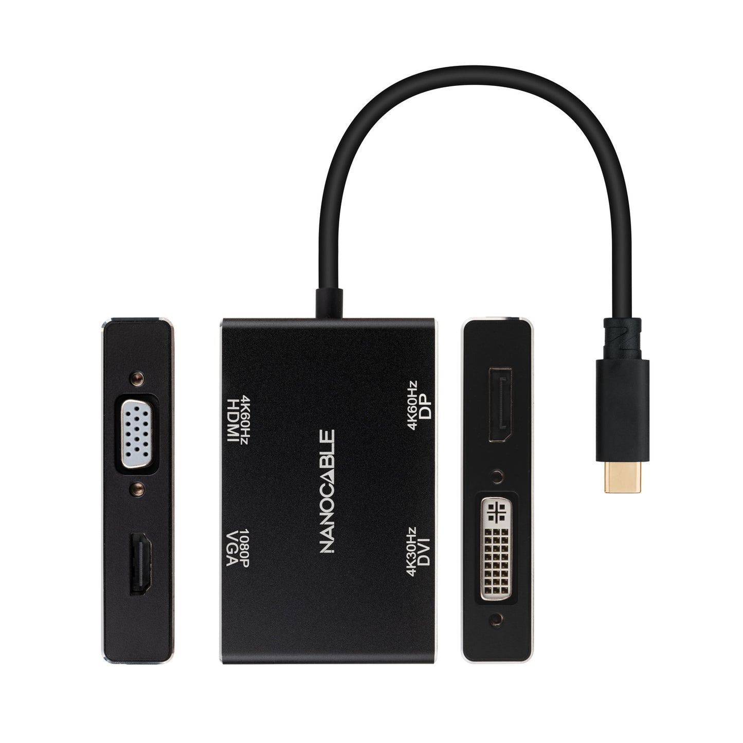 Nanocable - Conversor USB-C/M a HDMI/H + DVI/H + DP/H + VGA/H  Negro  10 cm