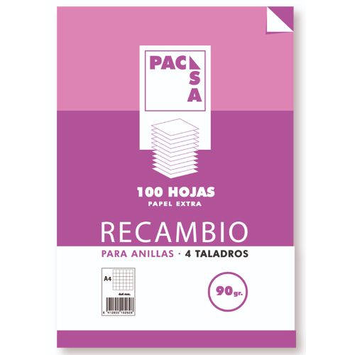 Pacsa - RECAMBIO 90 GRS . 4 TALADROS FOLIO (215X310MM.) 100 HOJAS CUADRÍCULA 4X4 CON MARGEN PACSA 21261