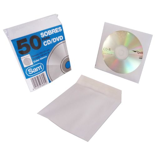 Sam - PAQUETE 50 SOBRES PARA CD / DVDS. BLANCO 90 GRS. VENTANA PLASTIC0 108 DIAMETRO 125X125 ENGOMADO AUTOADHESIVO SAM 664897