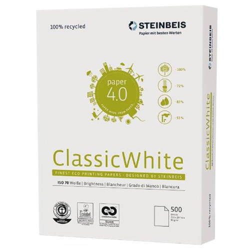 Steinbeis - PAQUETE 500 HOJAS PAPEL RECICLADO A4 CLASSIC WHITE 80GR. ISO70 STEINBEIS 141688