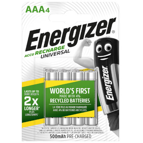 Energizer - BLISTER 4 PILAS RECARGABLES UNIVERSAL POTENCIA 500 MAH TIPO HR03 ENERGIZER E301375700