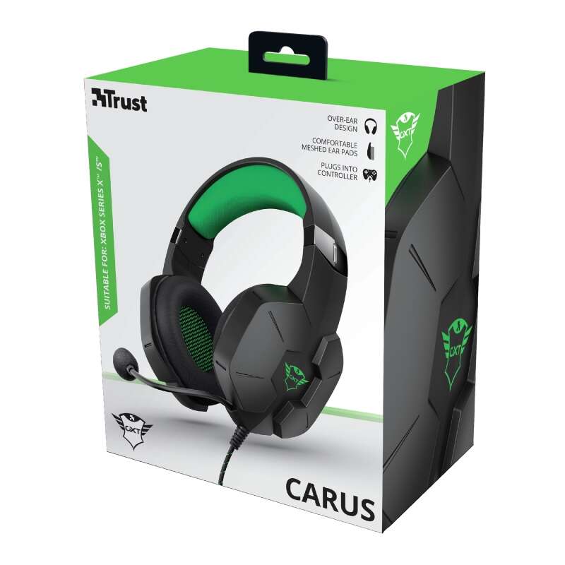 Trust Gaming GXT 323X Carus Auriculares con Microfono - Microfono Flexible - Diadema Ajustable - Amplias Almohadillas - Altavoces de 50mm - Cable Trenzado de 1m - Color Negro/Verde 1 pieza(s)