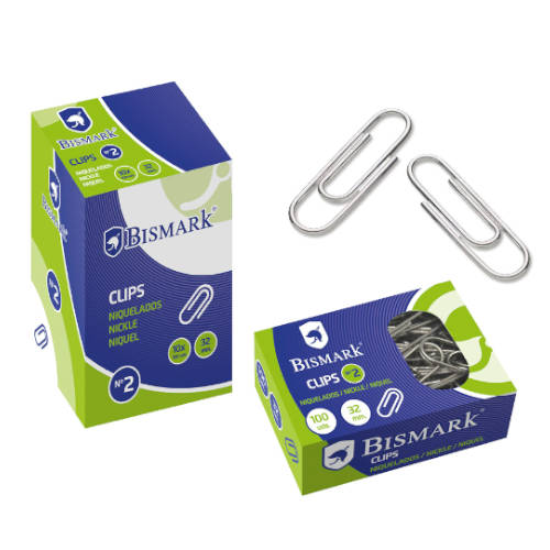 Bismark - CAJA 100 CLIPS LABIADOS NIQUELADOS PUNTA REDONDA Nº 2 DE 32 MM. BISMARK 316865 - Pack de 10 unidades