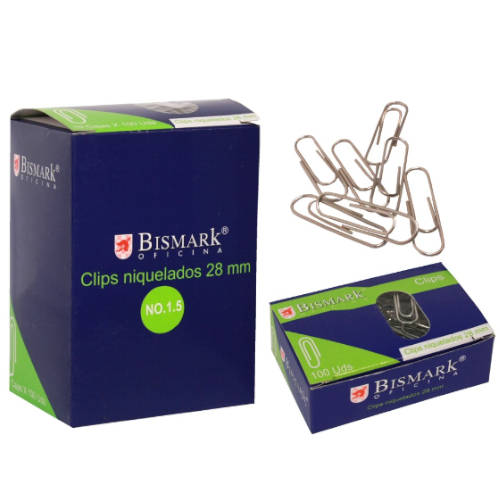 Bismark - CAJA 100 CLIPS LABIADOS NIQUELADOS PUNTA REDONDA Nº 1 5 DE 28 MM. BISMARK 316866 - Pack de 10 unidades