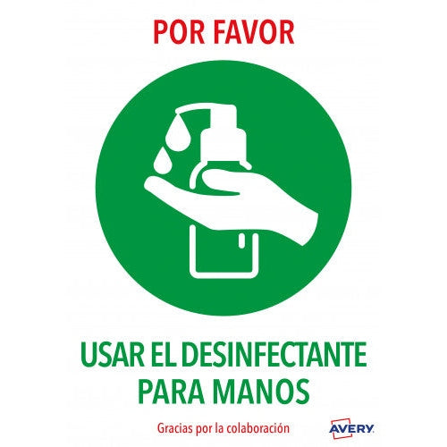 Avery - SEÑALES ADHESIVOS PREIMPRESO  USAR DESINFECTANTE PARA LAS MANOS SOBRE DE 2 HOJAS EN A4 AVERY AV_KITCOVID3_ES