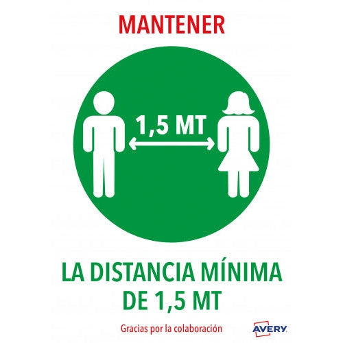 Avery - SEÑALES ADHESIVOS PREIMPRESO  MANTENER DISNTACIA MINIMA DE 1 5 MT SOBRE DE 2 HOJAS EN A4 AVERY AV_KITCOVID4_ES