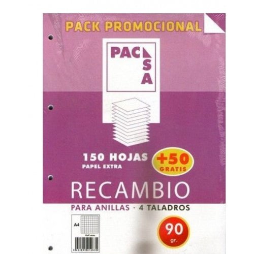 Pacsa - PACK RECAMBIO 90 GRS. 4 TALADROS . DIN A4 CUADRICULA 4X4 150 HOJAS + 50 GRATIS PACSA 21283