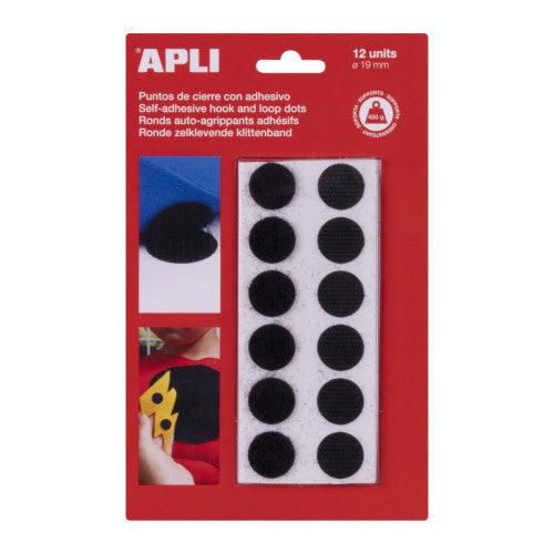 APLI - BLISTER 12 PUNTOS TIPO VELCRO ADHESIVOS COLOR NEGRO 19 MM DIAMETRO APLI 13658