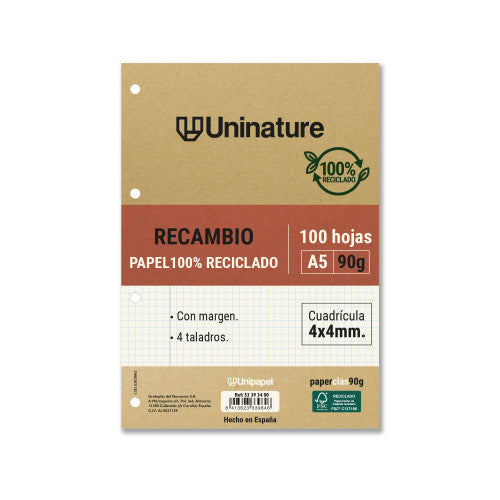 Grafoplas - RECAMBIO RECICLADO A5 100 HOJAS 90GR CUADRICULA 4X4 MM CON TALADROS UNINATURE 53393400