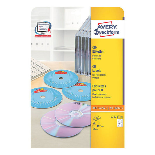 Avery - Etiquetas para CD Super Grandes  117mm Para Impresoras Láser y de Inyección de Tinta