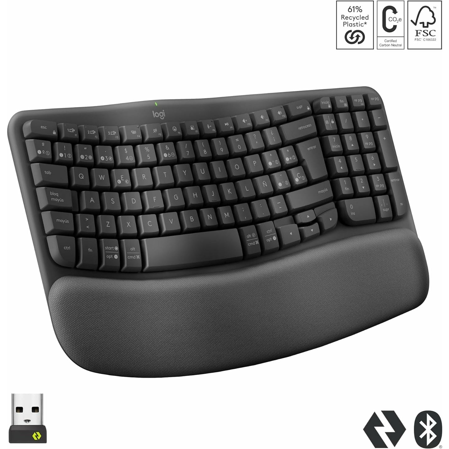 Logitech - Wave Keys  teclado ergonómico inalámbrico con reposamanos acolchado  escritura cómoda y natural  Easy-Switch  Bluetooth  Logi Bolt  multisistema operativo  Windows/Mac QWERTY Español  Grafito