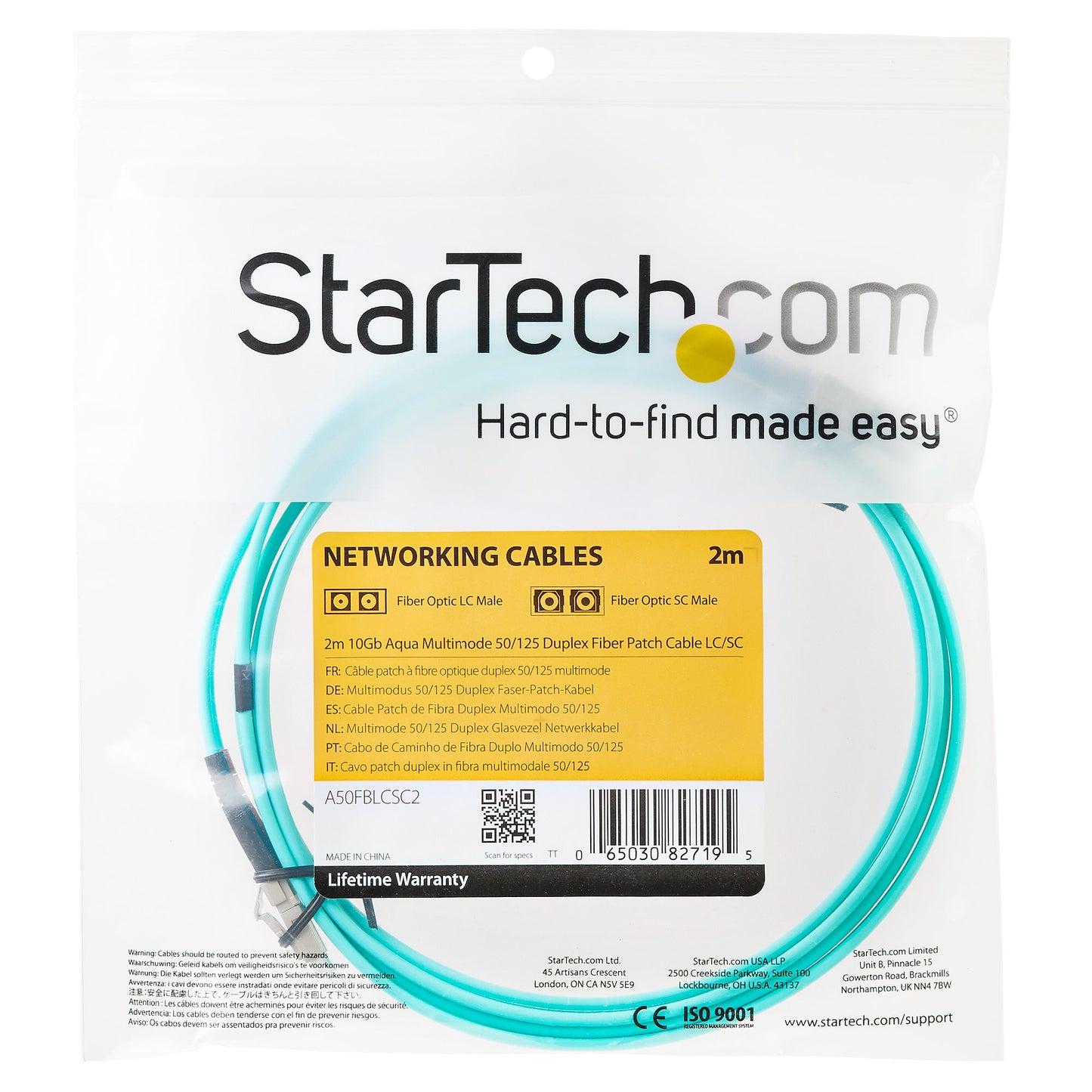 StarTech.com - Cable de 2m de Fibra Óptica Multimodo OM3 LC a LC UPC - Full Duplex 50/125µm - para Redes de 100G - LOMMF/VCSEL - Pérdida Baja al Insertar <0.3dB - Cable LSZH