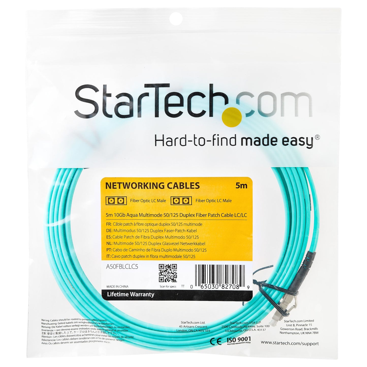 StarTech.com - Cable de 5m de Fibra Óptica Multimodo OM3 LC a LC UPC - Full Duplex 50/125µm - para Redes de 100G - LOMMF/VCSEL - Pérdida Baja al Insertar <0.3dB - Cable LSZH