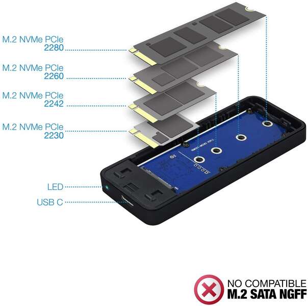 TooQ - TQE-2280B caja para disco duro externo Caja externa para unidad de estado sólido (SSD) Negro M.2