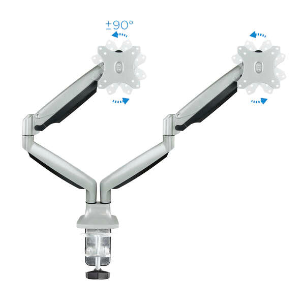 TooQ - Soporte de Mesa Giratorio e Inclinable para 2 Pantallas (Monitor / TV Plasma / LCD / LED) 13  32  de Dos Brazos  Plata