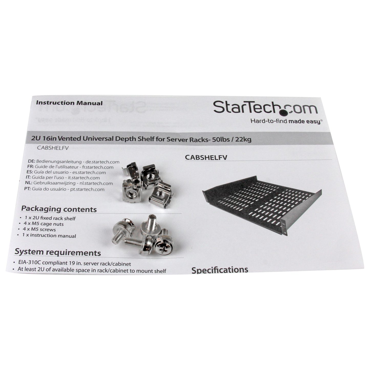 StarTech.com - Estante Bandeja Ventilado Cantilever para Armario Rack de Servidores 2U Profundidad Fija - 22kg