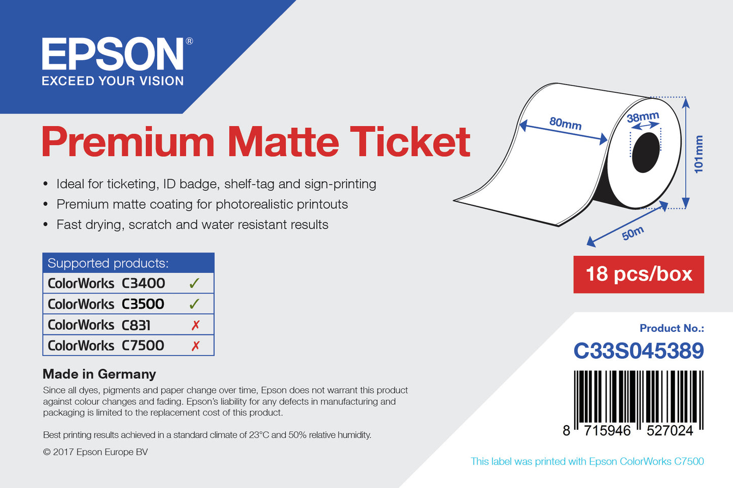 Epson - Rollo de Premium Matte Ticket  80 mm x 50m