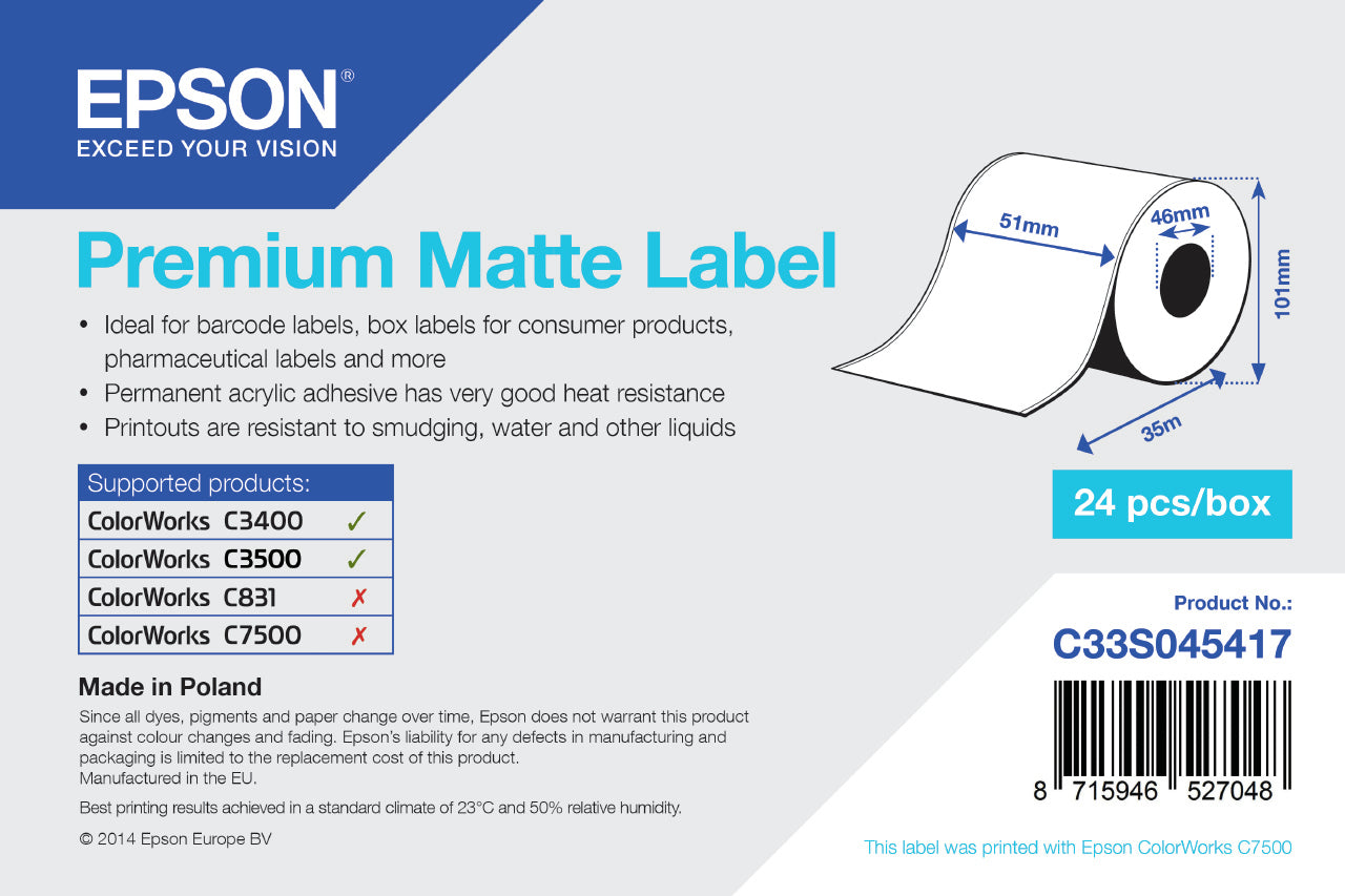 Epson - Rollo continuo de Premium Matte Label  51 mm x 35 m