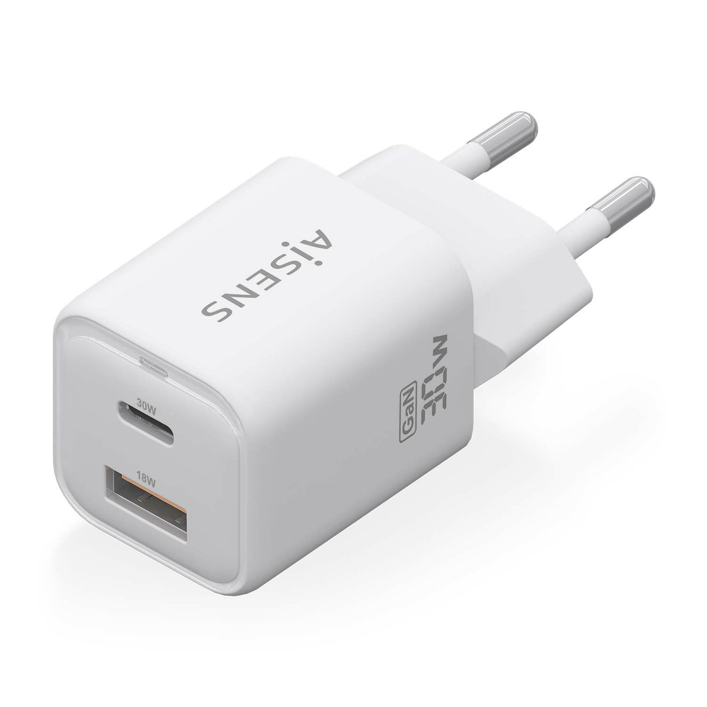 AISENS - Cargador Gan 30W  1xUSB-C PD3.0 QC4.0  1xUSB-A QC3.0  Blanco