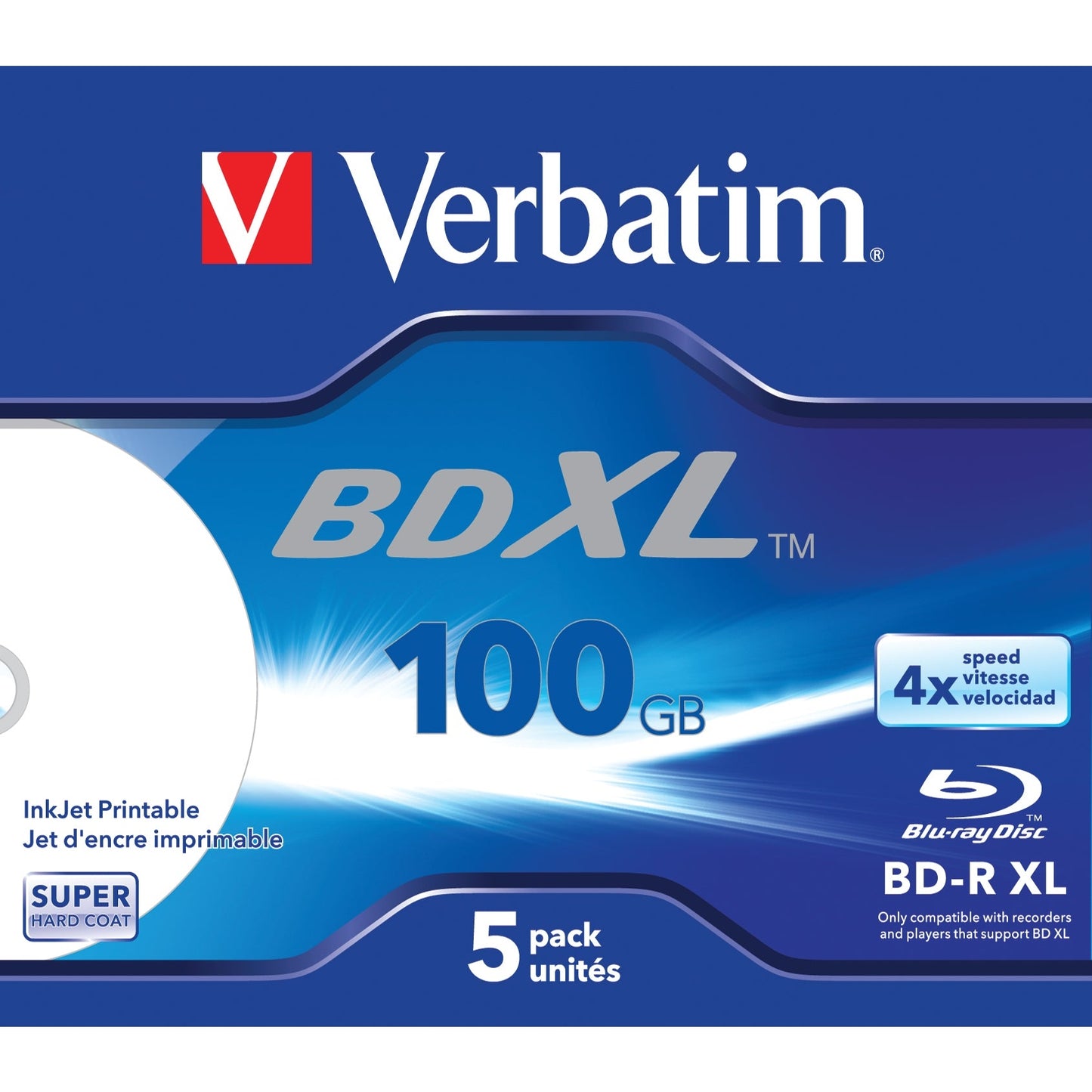 Verbatim - Paquete de cinco en caja Jewel con área de impresión ancha para impresoras de inyección de tinta 4x 100 GB* BD-R XL