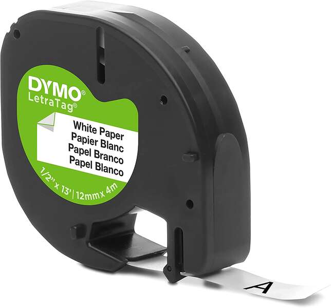 Dymo LetraTag S0721510 Cinta de Etiquetas Original para Rotuladora - Texto negro sobre fondo blanco - Ancho 12mm x 4 metros (91200) Tintasmurcia.com