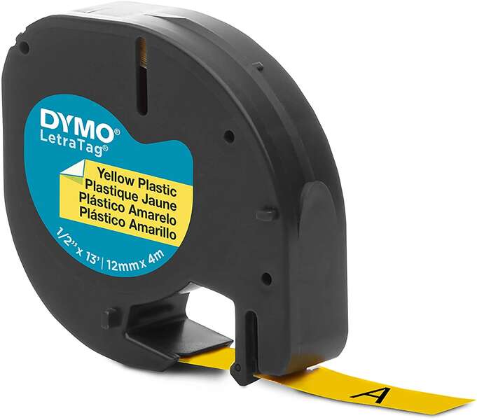 Dymo LetraTag S0721620 Cinta de Etiquetas Original para Rotuladora - Texto negro sobre fondo amarillo - Ancho 12mm x 4 metros (91202) Tintasmurcia.com