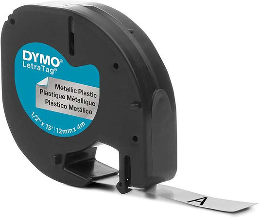 Dymo LetraTag S0721730 Cinta de Etiquetas Original para Rotuladora - Texto negro sobre fondo metalico - Ancho 12mm x 4 metros (91208) Tintasmurcia.com