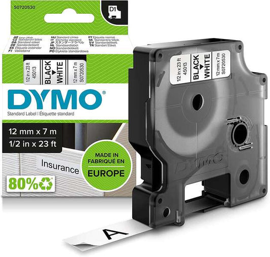 Dymo D1 45013 Cinta de Etiquetas Original para Rotuladora - Texto negro sobre fondo blanco - Ancho 12mm x 7 metros - S0720530 Tintasmurcia.com