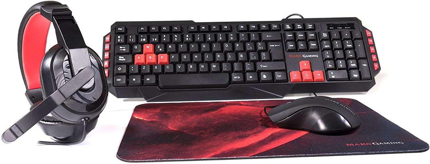 Mars Gaming - MRCP1 Combo Gaming Teclado Antighosting Ratón 2800DPI Auriculares y Alfombrilla Idioma Español