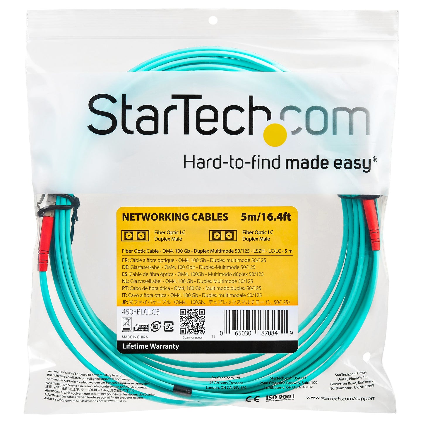 StarTech.com - Cable de 5m de Fibra Óptica Multimodo LC/UPC a LC/UPC OM4 - 50/125µm - Fibra LOMMF/VCSEL - Redes de 100G - Cable LSZH - Baja Pérdida de Inserción - Low Insertion Loss