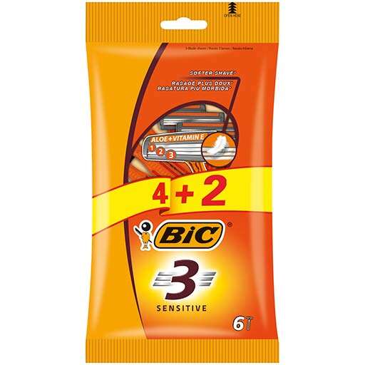 Bic Sensitive 3 Pack de 4+2 Maquinillas de Afeitar Desechables de 3 Hojas - Tira Lubricante con Aloe Vera 1 pieza(s)