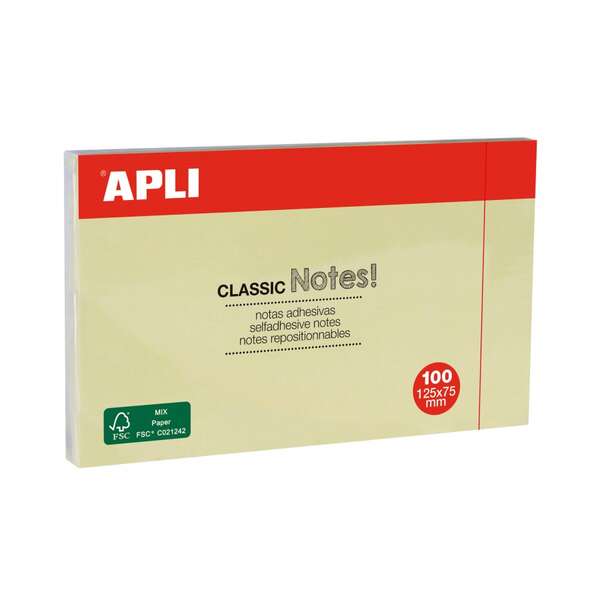 APLI - APLI NOTAS ADHESIVAS CLASICAS 125X75 MM AMARILLAS BLOC DE 100 H -12U-