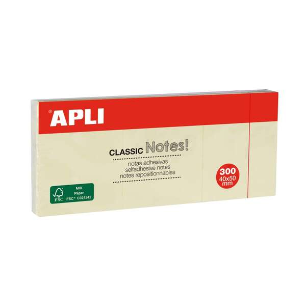 APLI - APLI NOTAS ADHESIVAS CLASICAS 40X50MM AMARILLAS 3 BLOCS DE 100H -12U-